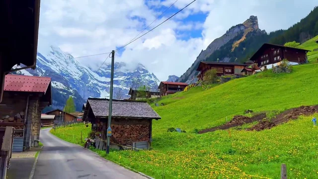 A serene mountain village scene features a paved road winding through a valley flanked by traditional wooden chalets with dark shingled roofs and red metal roofing. A prominent wooden shed filled with stacked firewood stands beside the road, surrounded by vibrant green grass and fields of yellow wildflowers. In the distance, majestic snow-capped peaks rise against a partly cloudy sky, while a utility pole with overhead wires runs alongside the path. The architecture includes stone foundations and wooden balconies, with a broom leaning against a porch railing in the foreground. The atmosphere is peaceful and pastoral, with no visible movement or people.