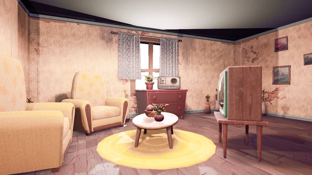 A vintage living room scene features a yellow floral armchair and a matching sofa positioned on a yellow circular rug. A small, round coffee table sits centrally, holding a bowl of fruit and a potted plant. a retro television rests on a wooden stand, facing a reddish-brown dresser topped with a radio and another plant. The room is enclosed by walls covered in patterned wallpaper that shows signs of peeling and wear, with several framed pictures hanging on the surface. A window with floral curtains allows light to enter, illuminating the wooden floorboards and the overall warm, nostalgic atmosphere of the space.